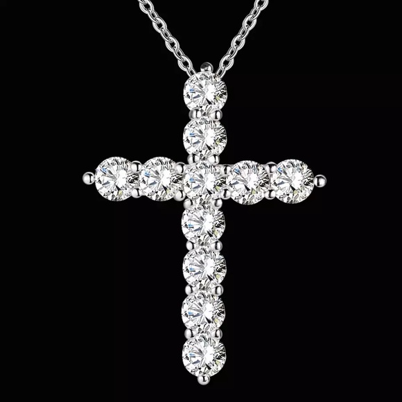 Silver Cross Flor a Necklace or a charm Pendant Round Cut Stones Dia - Picture 3 of 17